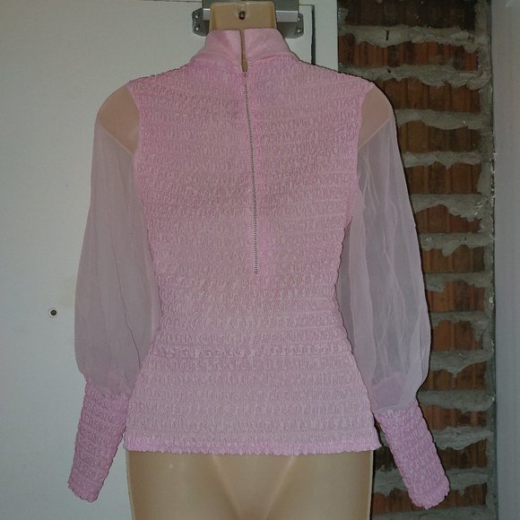 Vintage Irving Nadler Pink Long Sleeve Blouse Top High Collar Seersucker Size S - Picture 3 of 7